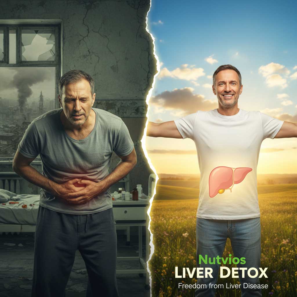 Nutvios Liver Detox – Indian man transforming from liver discomfort to healthy life, natural liver supplement India