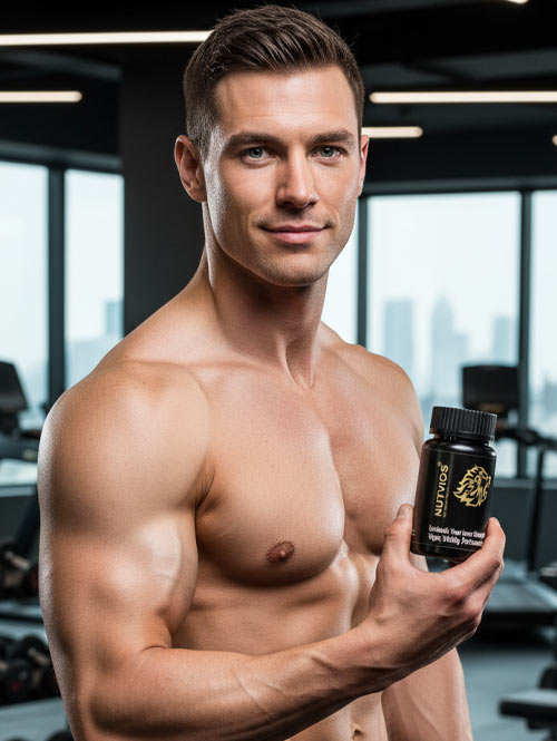 Fit Indian man holding Nutvios supplement – herbal liver detox & men’s energy booster India